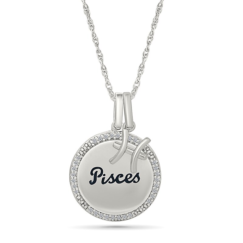 0.085 CT. T.W. Diamond Frame "Pisces" Disc Pendant with Zodiac Sign Charm in Sterling Silver