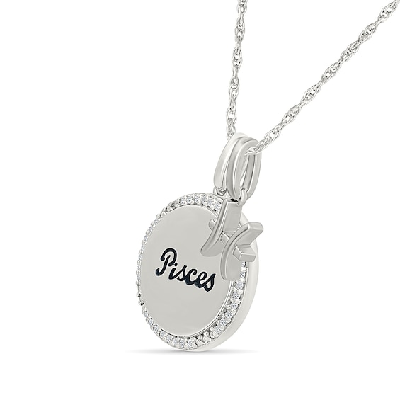 0.085 CT. T.W. Diamond Frame "Pisces" Disc Pendant with Zodiac Sign Charm in Sterling Silver