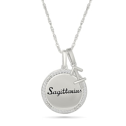 0.085 CT. T.W. Diamond Frame &quot;Sagittarius&quot; Disc Pendant with Zodiac Sign Charm in Sterling Silver