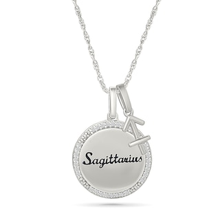 0.085 CT. T.W. Diamond Frame "Sagittarius" Disc Pendant with Zodiac Sign Charm in Sterling Silver