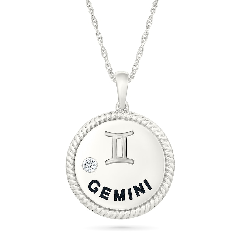 0.04 CT. Diamond Solitaire Gemini Zodiac Sign Rope Frame Disc Pendant in Sterling Silver