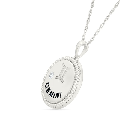 0.04 CT. Diamond Solitaire Gemini Zodiac Sign Rope Frame Disc Pendant in Sterling Silver