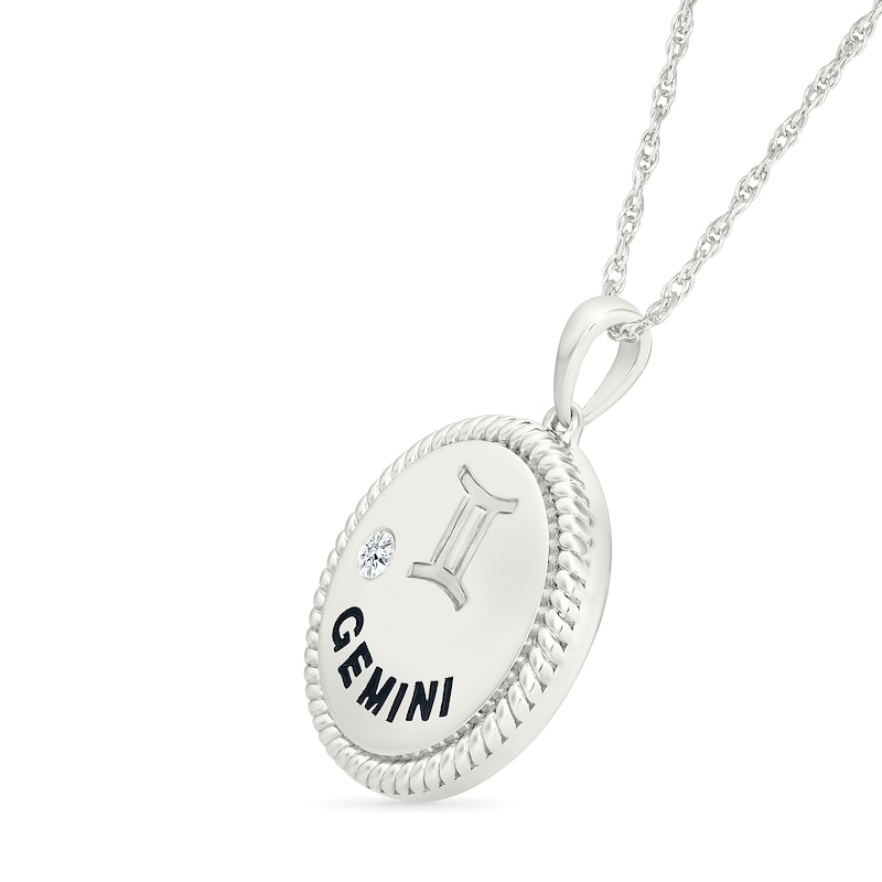 0.04 CT. Diamond Solitaire Gemini Zodiac Sign Rope Frame Disc Pendant in Sterling Silver