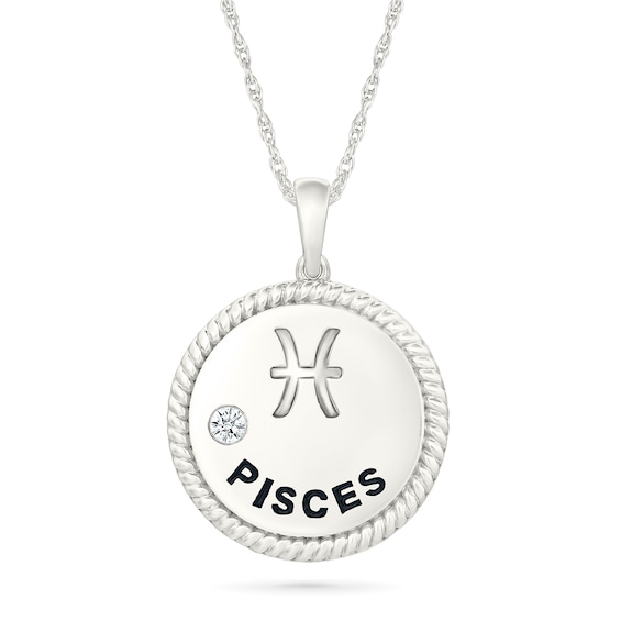 0.04 CT. Diamond Solitaire Pisces Zodiac Sign Rope Frame Disc Pendant in Sterling Silver