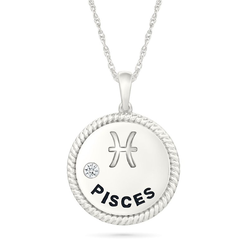 0.04 CT. Diamond Solitaire Pisces Zodiac Sign Rope Frame Disc Pendant in Sterling Silver