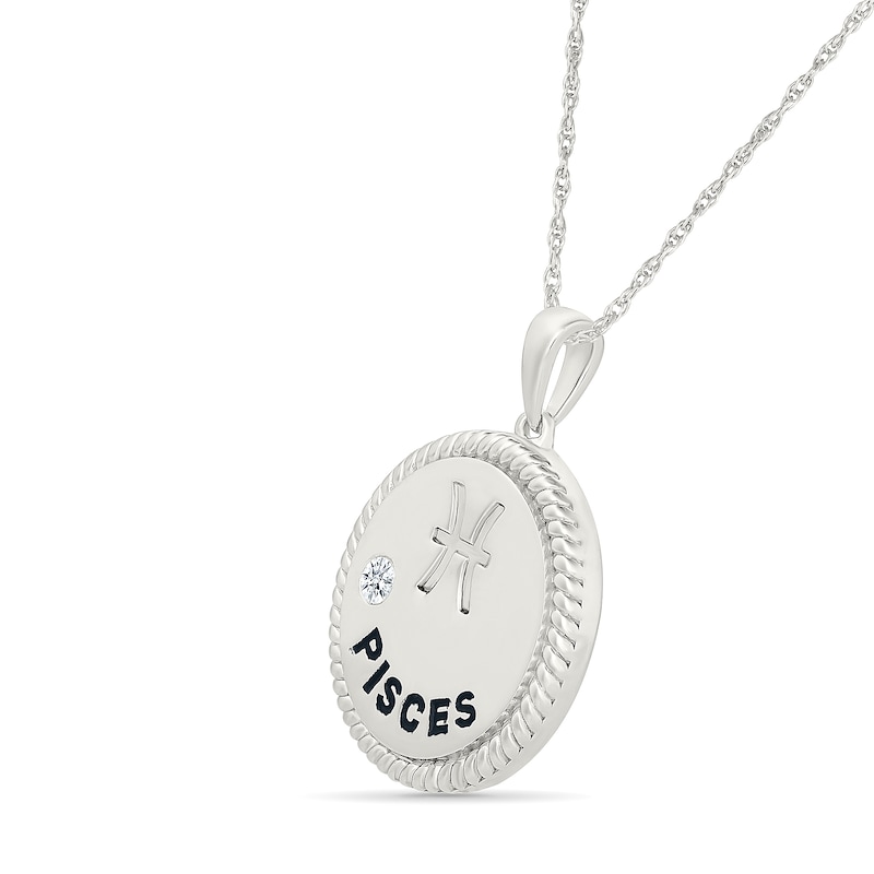 Main Image 2 of 0.04 CT. Diamond Solitaire Pisces Zodiac Sign Rope Frame Disc Pendant in Sterling Silver