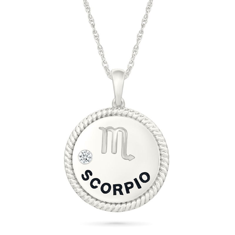 0.04 CT. Diamond Solitaire Scorpio Zodiac Sign Rope Frame Disc Pendant in Sterling Silver