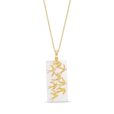 Rectangle White Jade with Birds in Flight Drop Pendant in 14K Gold