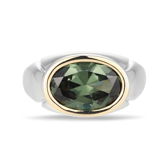 Oval Green Lab-Created Spinel Bezel-Set Solitaire Signet Ring in Sterling Silver and 10K Gold