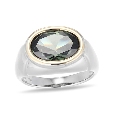 Oval Green Lab-Created Spinel Bezel-Set Solitaire Signet Ring in Sterling Silver and 10K Gold