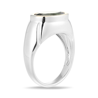 Oval Green Lab-Created Spinel Bezel-Set Solitaire Signet Ring in Sterling Silver and 10K Gold