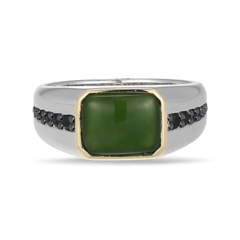 Emerald-Cut Jade and Black Sapphire Signet Ring in Sterling Silver and 10K Gold