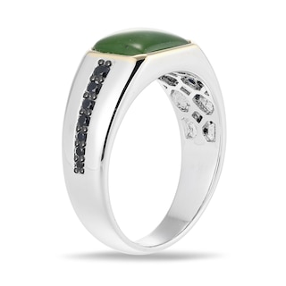 Emerald-Cut Jade and Black Sapphire Signet Ring in Sterling Silver and 10K Gold