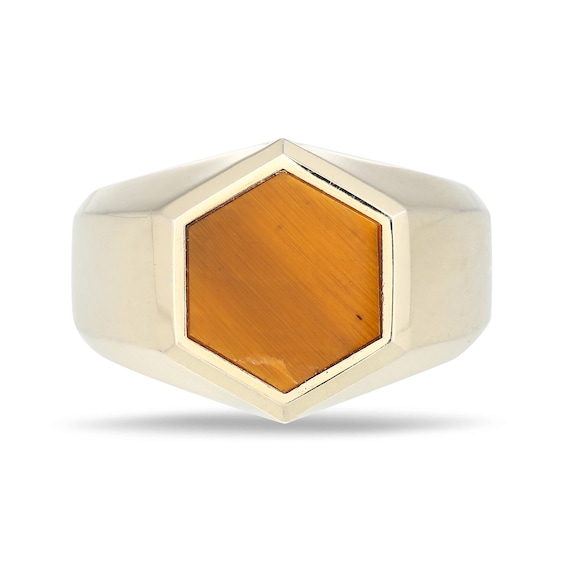 Hexagon Tiger's Eye Solitaire Signet Ring in 10K Gold