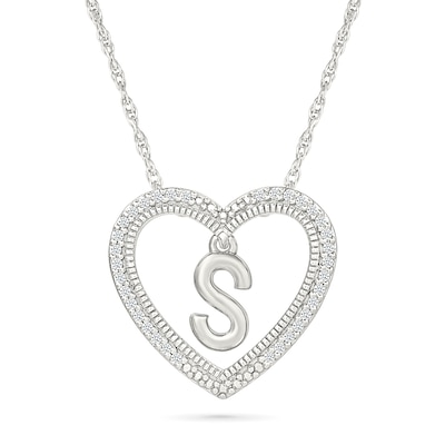 0.085 CT. T.W. Diamond "S" Initial Dangle Heart Necklace in Sterling Silver