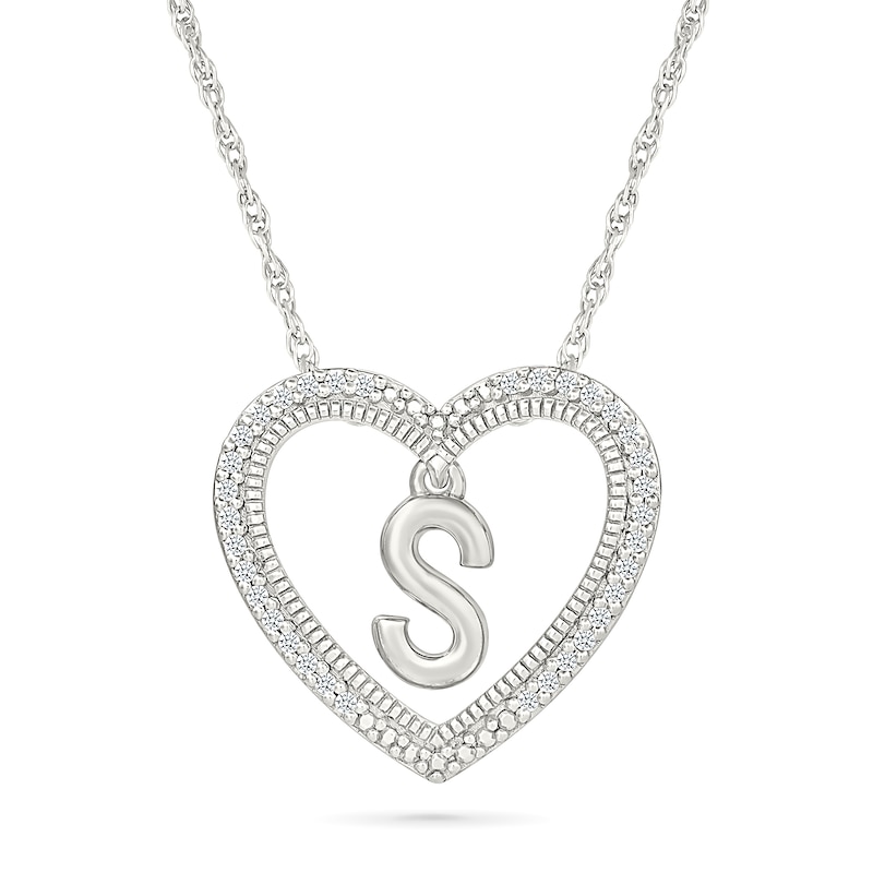 0.085 CT. T.W. Diamond "S" Initial Dangle Heart Necklace in Sterling Silver