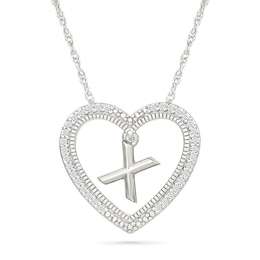 0.085 CT. T.W. Diamond &quot;X&quot; Initial Dangle Heart Necklace in Sterling Silver