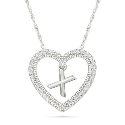 0.085 CT. T.W. Diamond "X" Initial Dangle Heart Necklace in Sterling Silver