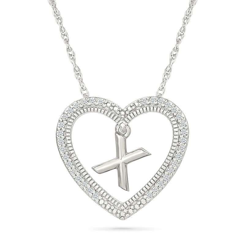 0.085 CT. T.W. Diamond "X" Initial Dangle Heart Necklace in Sterling Silver