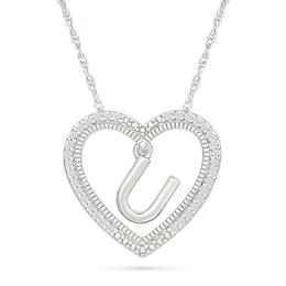 0.085 CT. T.W. Diamond &quot;U&quot; Initial Dangle Heart Necklace in Sterling Silver