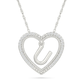 0.085 CT. T.W. Diamond "U" Initial Dangle Heart Necklace in Sterling Silver