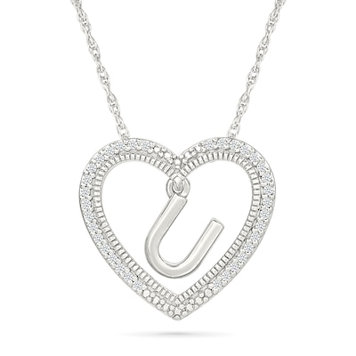 0.085 CT. T.W. Diamond "U" Initial Dangle Heart Necklace in Sterling Silver