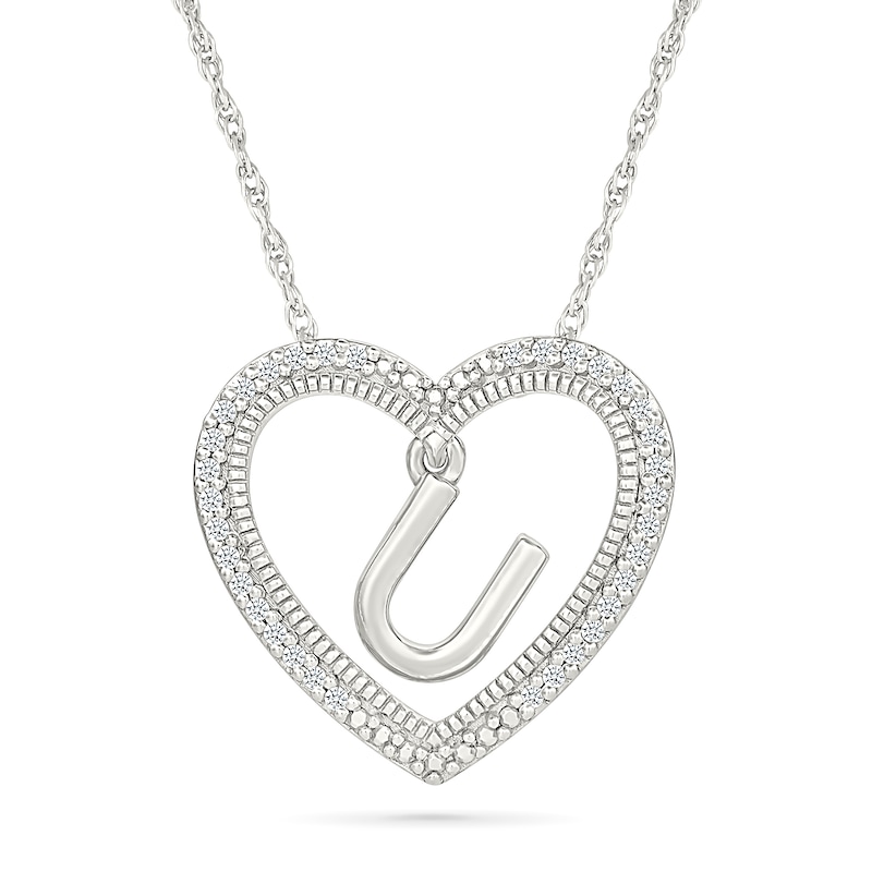 0.085 CT. T.W. Diamond "U" Initial Dangle Heart Necklace in Sterling Silver|Peoples Jewellers