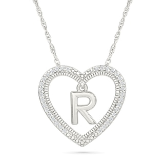 0.085 CT. T.W. Diamond "R" Initial Dangle Heart Necklace in Sterling Silver