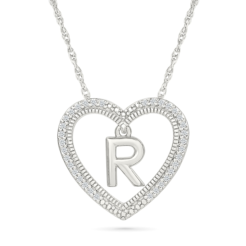 0.085 CT. T.W. Diamond "R" Initial Dangle Heart Necklace in Sterling Silver|Peoples Jewellers