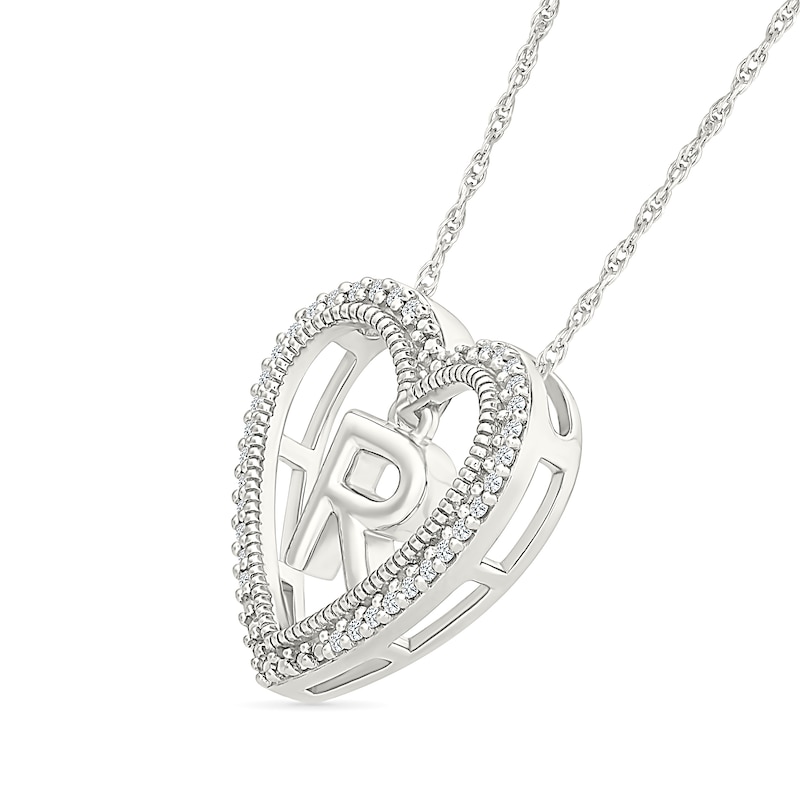 0.085 CT. T.W. Diamond "R" Initial Dangle Heart Necklace in Sterling Silver|Peoples Jewellers