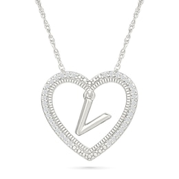 0.085 CT. T.W. Diamond &quot;V&quot; Initial Dangle Heart Necklace in Sterling Silver