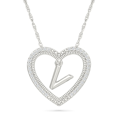 0.085 CT. T.W. Diamond "V" Initial Dangle Heart Necklace in Sterling Silver