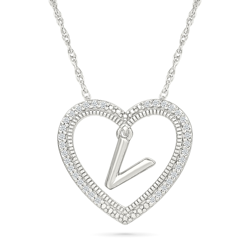 0.085 CT. T.W. Diamond "V" Initial Dangle Heart Necklace in Sterling Silver