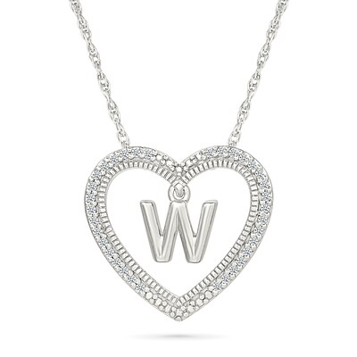 0.085 CT. T.W. Diamond "W" Initial Dangle Heart Necklace in Sterling Silver