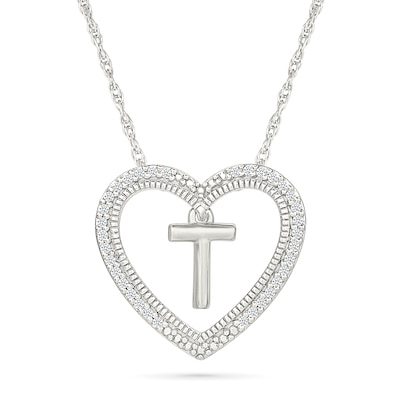 0.085 CT. T.W. Diamond "T" Initial Dangle Heart Necklace in Sterling Silver