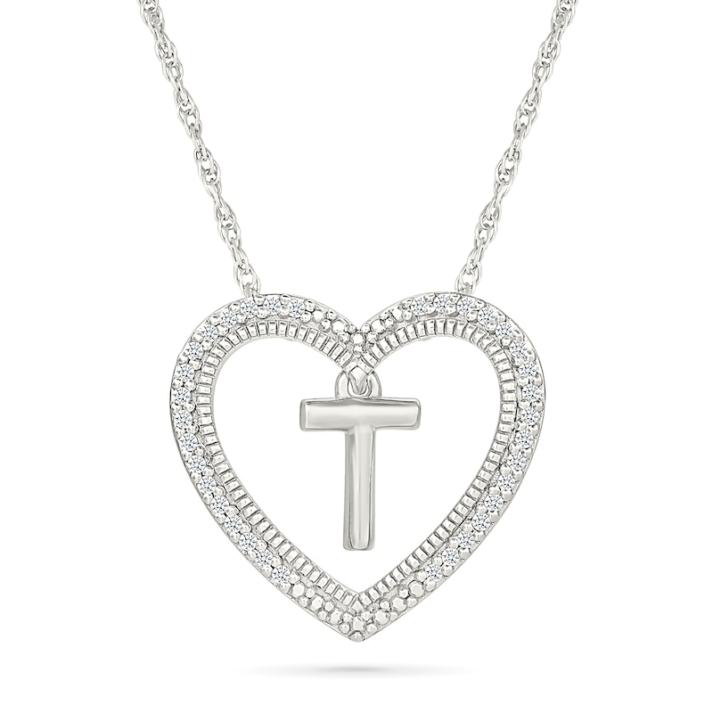 0.085 CT. T.W. Diamond "T" Initial Dangle Heart Necklace in Sterling Silver|Peoples Jewellers