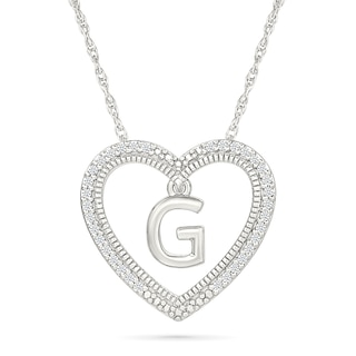 0.085 CT. T.W. Diamond "G" Initial Dangle Heart Necklace in Sterling Silver