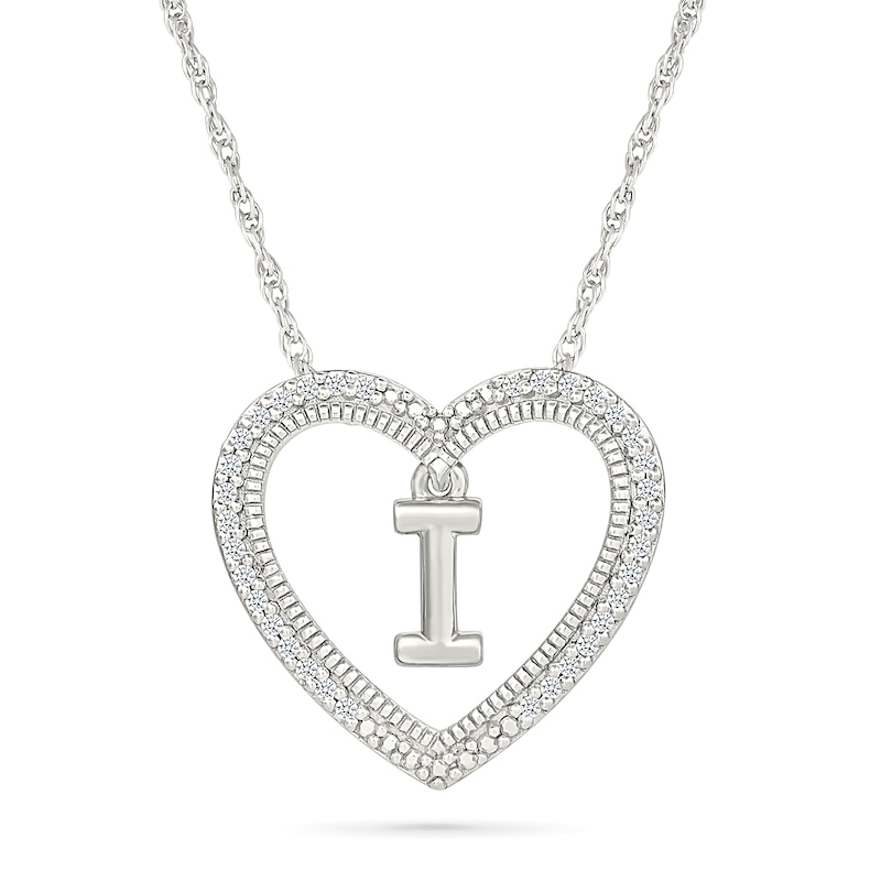 0.085 CT. T.W. Diamond "I" Initial Dangle Heart Necklace in Sterling Silver