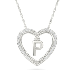 0.085 CT. T.W. Diamond &quot;P&quot; Initial Dangle Heart Necklace in Sterling Silver