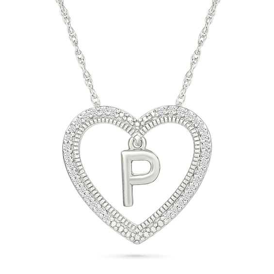 0.085 CT. T.W. Diamond "P" Initial Dangle Heart Necklace in Sterling Silver