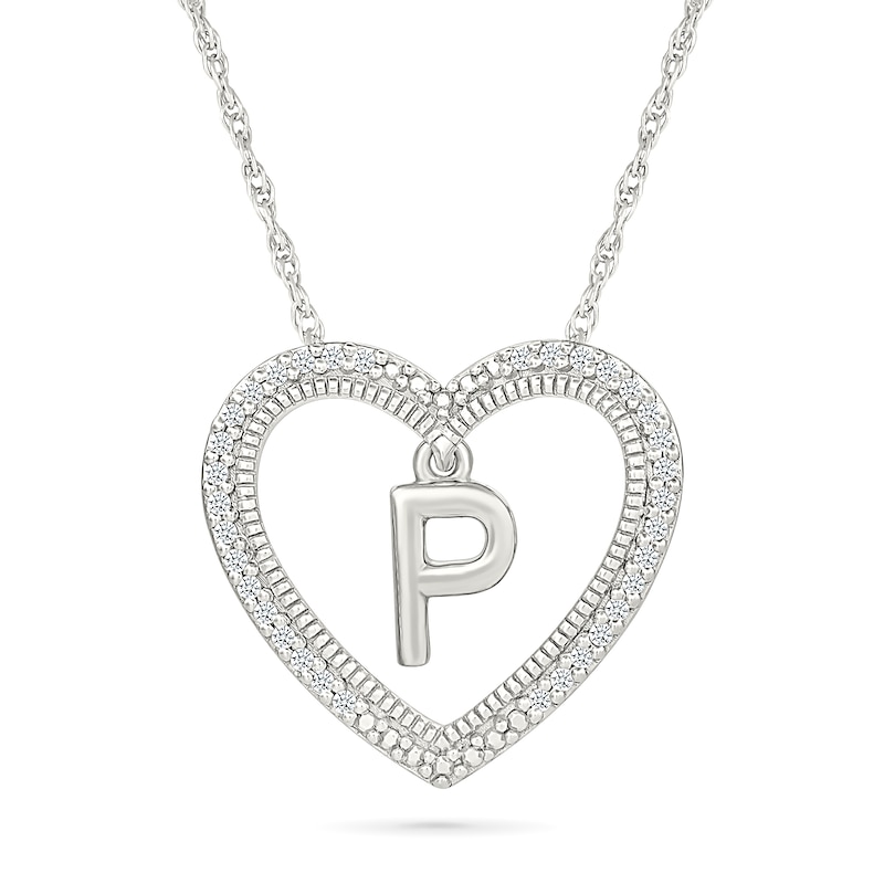 Main Image 1 of 0.085 CT. T.W. Diamond &quot;P&quot; Initial Dangle Heart Necklace in Sterling Silver