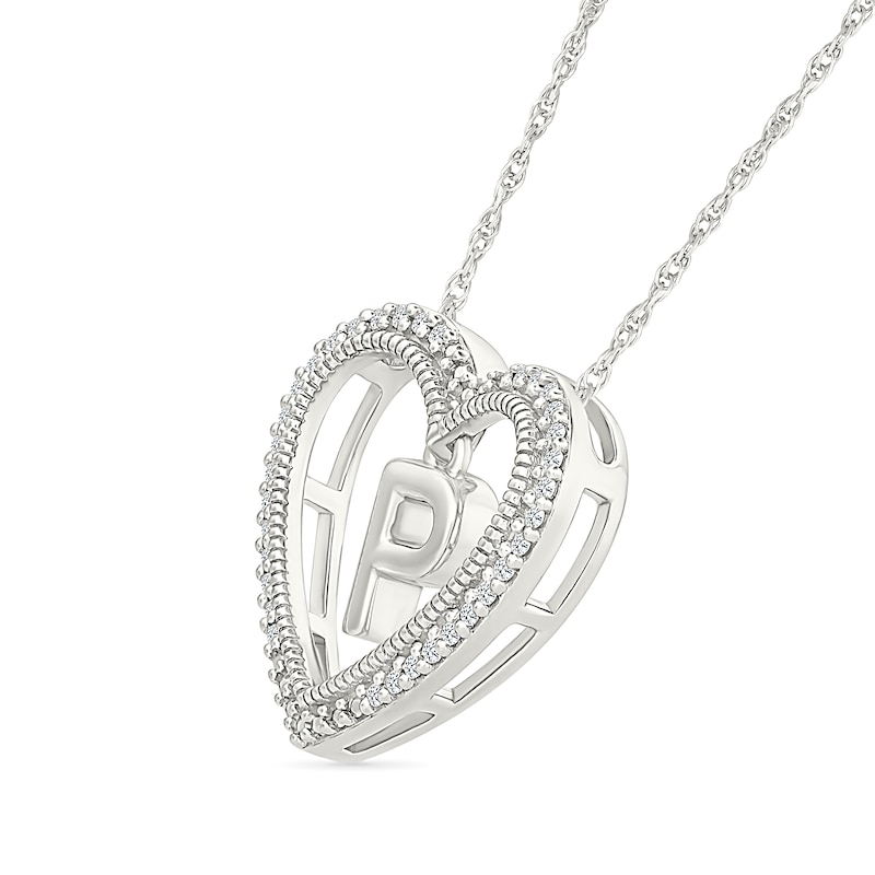 Main Image 2 of 0.085 CT. T.W. Diamond &quot;P&quot; Initial Dangle Heart Necklace in Sterling Silver