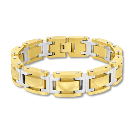 Hammered I-Link Bracelet in Solid Stainless Steel and Yellow Ion Plate - 8.5”