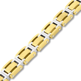 Hammered I-Link Bracelet in Solid Stainless Steel and Yellow Ion Plate - 8.5”