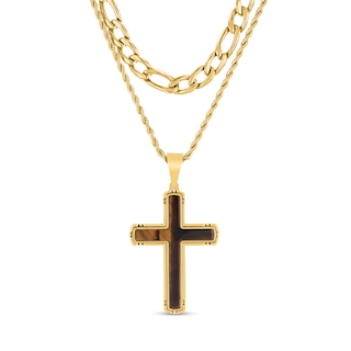 Tiger’s Eye Cross Layered Necklace in Stainless Steel with Yellow Ion Plate - 22”