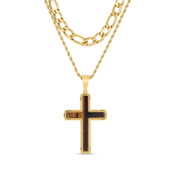 Tiger’s Eye Cross Layered Necklace in Stainless Steel with Yellow Ion Plate - 22”