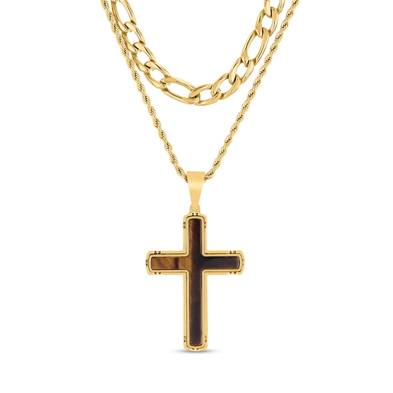 Main Image 1 of Tiger’s Eye Cross Layered Necklace in Stainless Steel with Yellow Ion Plate - 22”