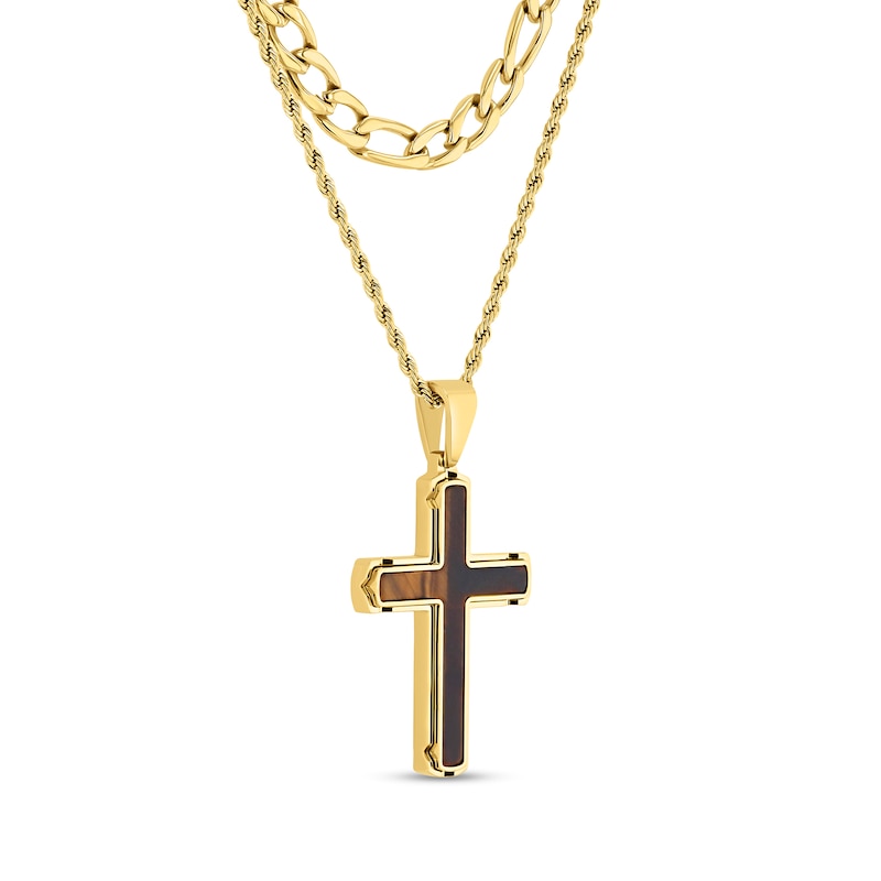 Main Image 2 of Tiger’s Eye Cross Layered Necklace in Stainless Steel with Yellow Ion Plate - 22”