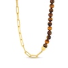 Thumbnail Image 1 of Tiger’s Eye Bead and Paper Clip Chain Necklace in Stainless Steel with Yellow Ion Plate - 22”