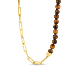 Tiger’s Eye Bead and Paper Clip Chain Necklace in Stainless Steel with Yellow Ion Plate - 22”